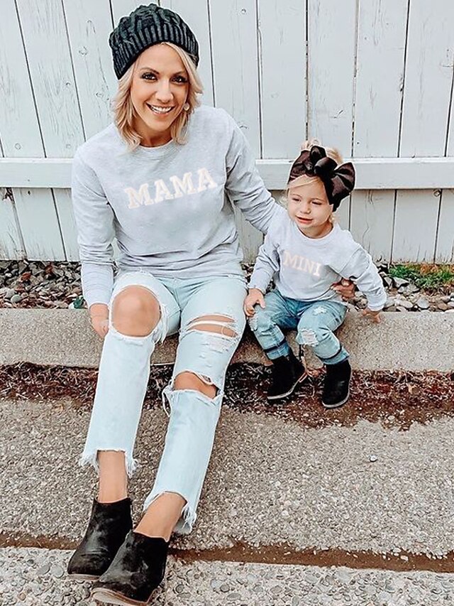  Mommy and Me Tops Sweatshirt Graphic Print Gray / GRAY Pink Above Knee Long Sleeve Matching Outfits / Summer