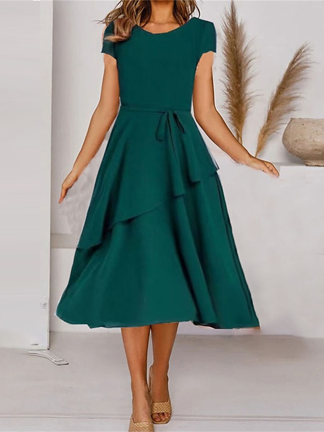  Dame Knelang kjole Kjole med A-linje Grønn Kortermet Multi Layer Blondér Helfarge Båthals Vår Sommer Elegant Årgang 2021 M L XL 2XL 3XL 4XL
