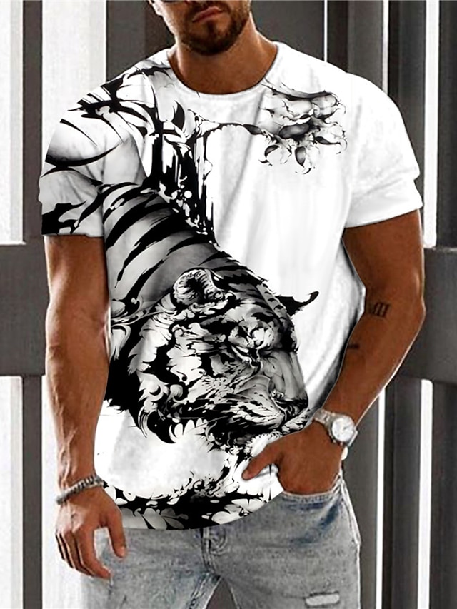  Tiger T-Shirt Mens 3D Shirt Casual | White Summer Cotton | Men'S Unisex Tee Graphic Prints Crew Neck Green Yellow Gray 3D Daily Holiday Short Sleeve Clothing Apparel