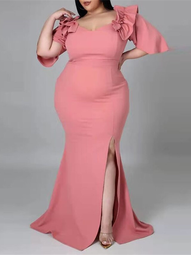  Women's Plus Size Solid Color Sheath Dress Split V Neck Short Sleeve Formal Sexy Prom Dress Spring Summer Party Vacation Maxi long Dress Dress / Party Dress / Ruffle