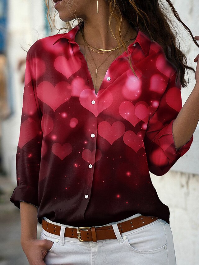  Mujer Blusa Camisa día de San Valentín Pareja Corazón Brillante Reluciente Cuello Camisero Botón Estampado Casual Ropa de calle Tops Verde Trébol Azul Piscina Morado / Impresión 3D