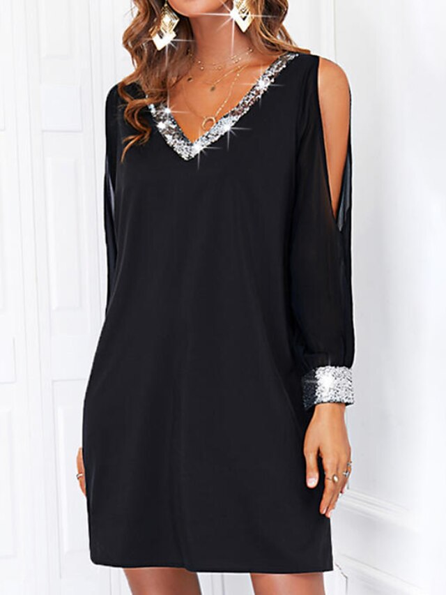  Femme Robe Longueur Genou Robe Droite Noir Manches Longues Paillettes Accueil froid Couleur monochrome Col en V Printemps Eté à la mode Décontractée Moderne 2022 Ample S M L XL XXL 3XL