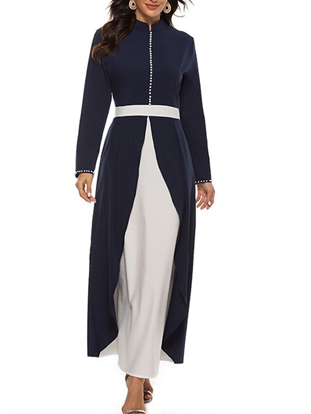 Women's Maxi long Dress A Line Dress Navy Blue Long Sleeve Patchwork Beads Pure Color Stand Collar Spring Romantic Vintage Muslim 2022 S M L XL XXL