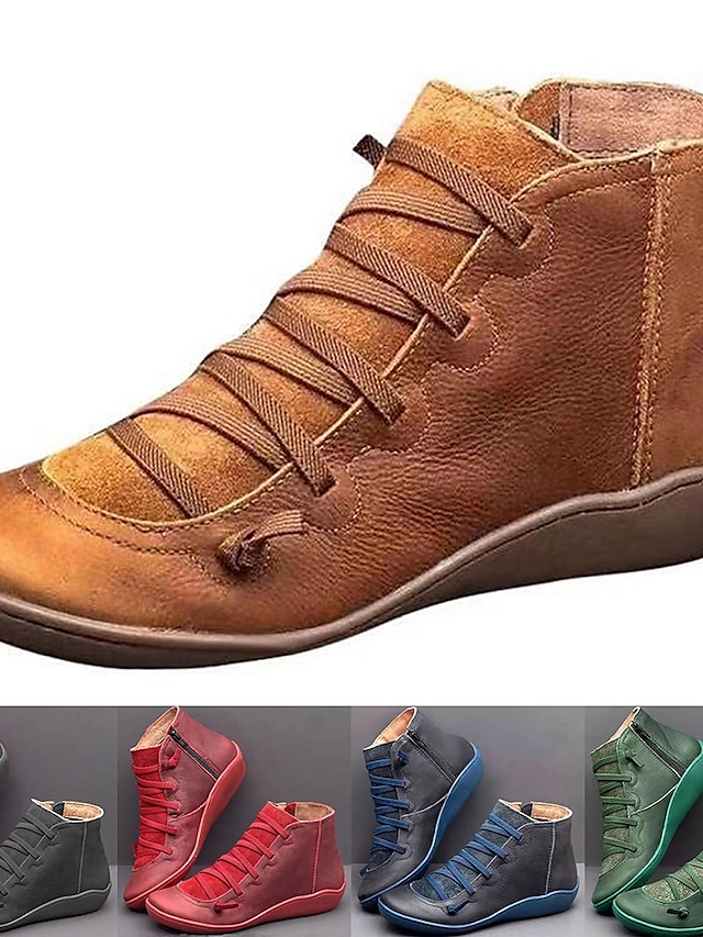  Women's Boots Plus Size Barefoot shoes Booties Ankle Boots Daily Solid Color Solid Colored Booties Ankle Boots Flat Heel Round Toe Casual Minimalism Faux Leather Zipper Red Blue Brown