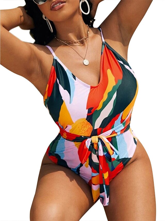  Women's Swimwear One Piece Monokini Plus Size Swimsuit Color Block Tummy Control Open Back for Big Busts Print Orange Strap Bathing Suits Vacation Fashion New / Sexy / Modern / Padded Bras