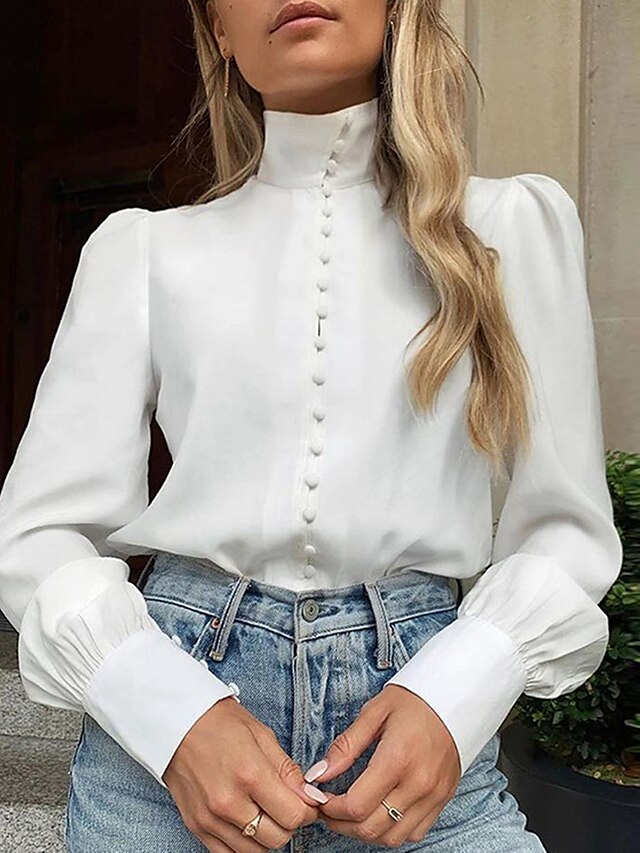  Mulheres Blusa Camisa Social Tecido Gola Alta Botão Roupa de rua Blusas Branco