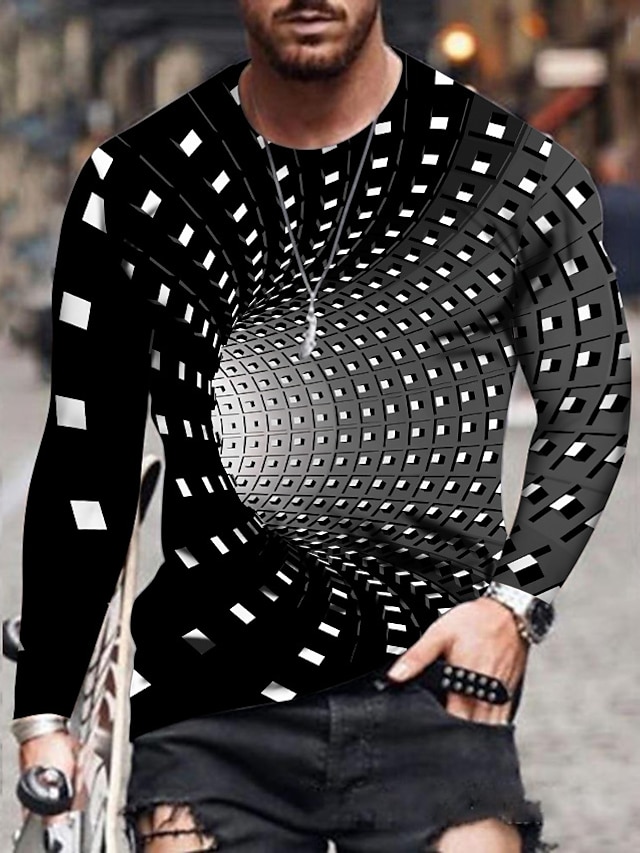  Men's T shirt Tee Round Neck Graphic Optical Illusion Rainbow Long Sleeve Plus Size Print Daily Going out Tops Streetwear Exaggerated