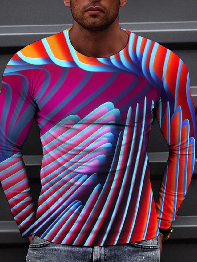 Men's Unisex T shirt Striped Graphic Prints 3D Print Crew Neck Daily Holiday Long Sleeve Print Tops Casual Designer Big and Tall Pink
