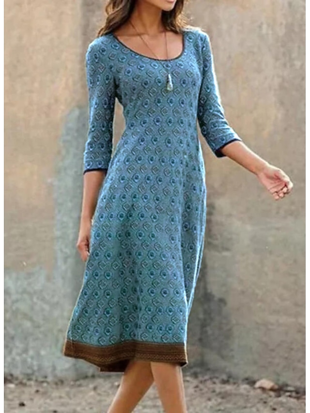  Damen A Linie Kleid Bedruckt Klassisch Einfache Rundhalsausschnitt Frühling & Herbst Standard Purpur Dunkelrot Grün