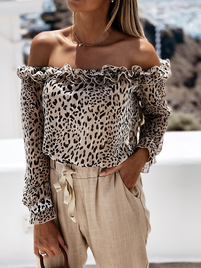  Women's Blouse Leopard Daily Weekend Long Sleeve Blouse Shirt Off Shoulder Ruffle Print Casual Streetwear Brown S / 3D Print