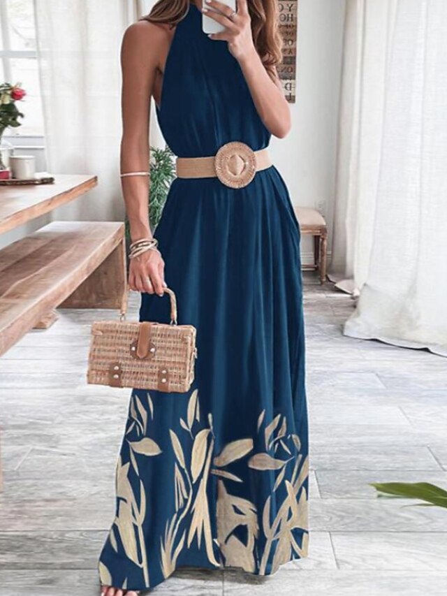  Women's Maxi long Dress Swing Dress Blue Sleeveless With Belt Print Print Halter Neck Spring Summer Stylish Elegant 2022 S M L XL XXL / Loose