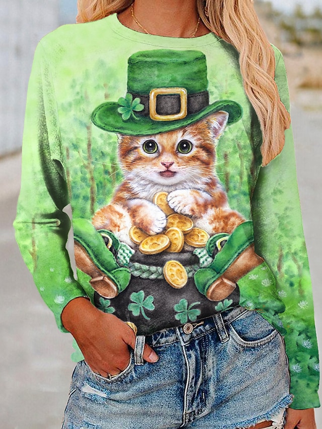  Damen Katze Blatt 3D Casual Wochenende Blume Glücklich 3D Cat Langarm T Shirt Rundhalsausschnitt Bedruckt Basic Oberteile Grün S / 3D-Druck
