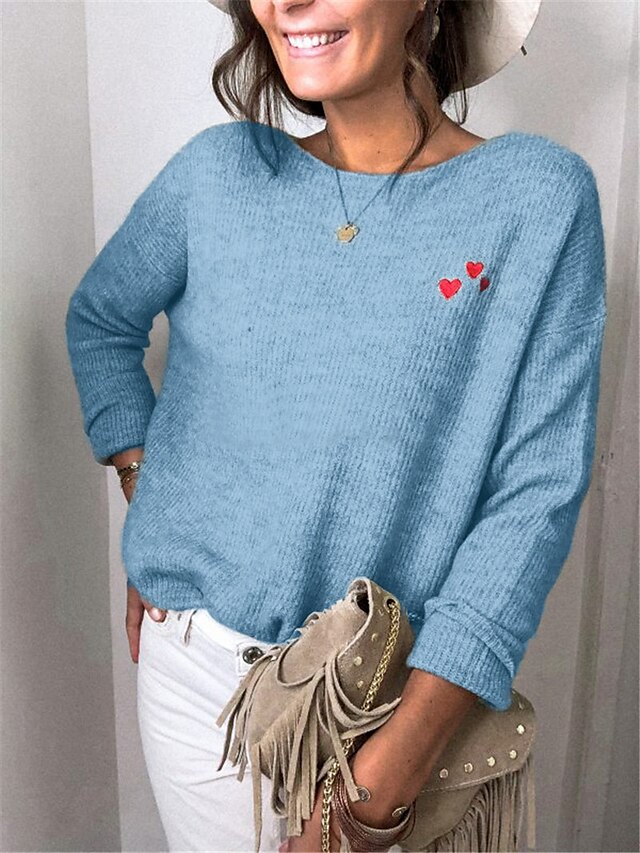  Women's Sweater Pullover Jumper Heart Knitted Stylish Basic Casual Long Sleeve Loose Sweater Cardigans Fall Winter Crew Neck Blue White Black