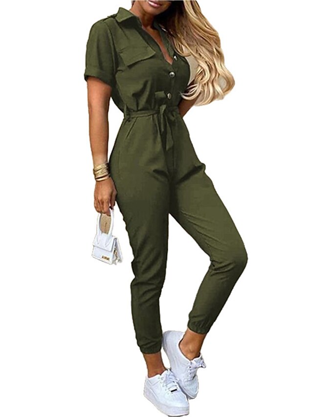  Women's Jumpsuit Solid Color Lace up Button Casual Shirt Collar Daily Holiday Short Sleeve Regular Fit Creamy-white ArmyGreen Striped flower S M L Spring