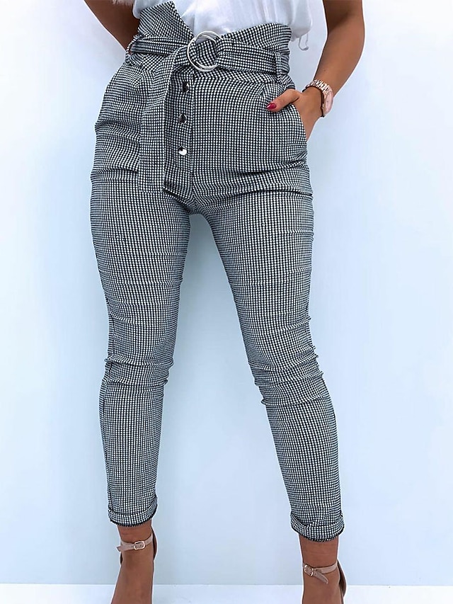  Women's Fashion Print Chinos Ankle-Length Pants Micro-elastic Casual Weekend Cotton Blend Plaid Checkered Mid Waist Comfort Slim Gray S M L XL