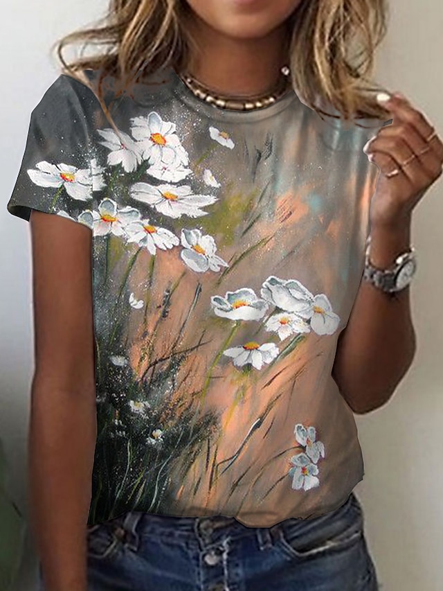  Women's T shirt Tee Orange Print Floral Holiday Weekend Short Sleeve Round Neck Basic Regular Floral Painting S