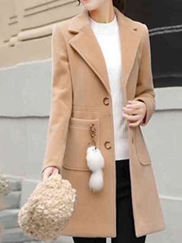  Women's Trench Coat Coat Fall Winter Street Daily Going out Long Coat Windproof Warm Regular Fit Casual Streetwear Jacket Long Sleeve Pocket Solid Color Pink Khaki Beige