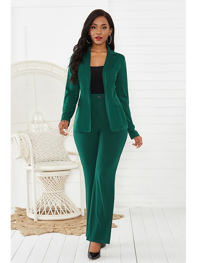  Women's Blazer Office Suit Pants Sets Solid Color Office Wear to work Black Green Long Sleeve Basic Shirt Collar Regular Fit Fall & Winter