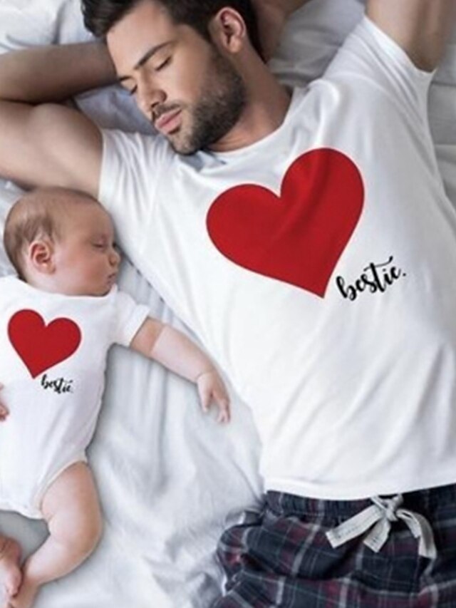  Dad and Son T shirt Daily Heart Letter Print White Short Sleeve Active Matching Outfits / Fall / Summer / Casual