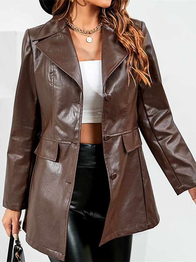  Women's Jacket Faux Leather Jacket Pocket Regular Coat Brown Street Casual Single Breasted Spring Turndown Regular Fit S M L XL