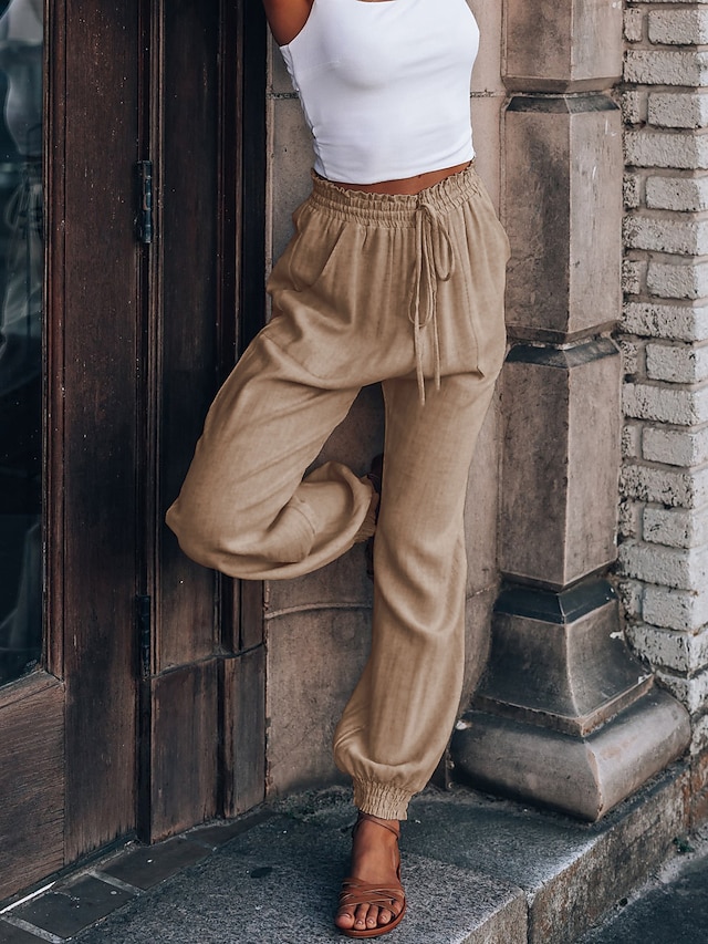  Women's Casual Drawstring Front Pocket Tapered pants Slacks Full Length Pants Inelastic Casual Solid Color High Waist Breathable Soft ArmyGreen Blue Black Wine Khaki S M L XL XXL