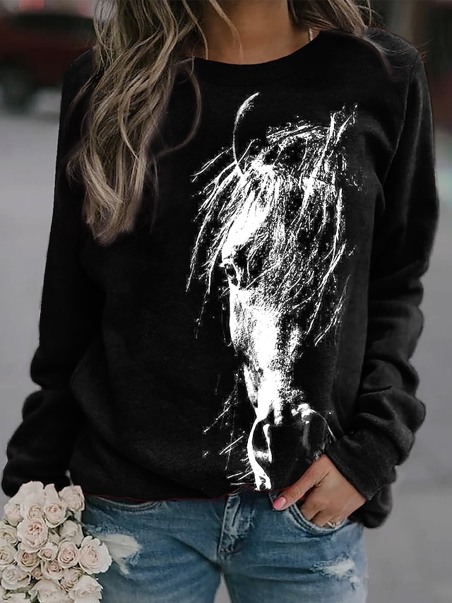  Women's Sweatshirt Pullover Horse Daily Sports Print Black Active Streetwear Round Neck Long Sleeve Without Lining Micro-elastic Fall & Winter