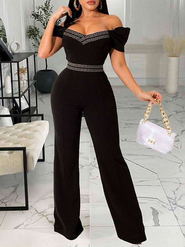  Women's Jumpsuit Striped Print Casual Off Shoulder Straight Party Street Short Sleeve Regular Fit Puff Balloon Sleeve Black S M L Spring