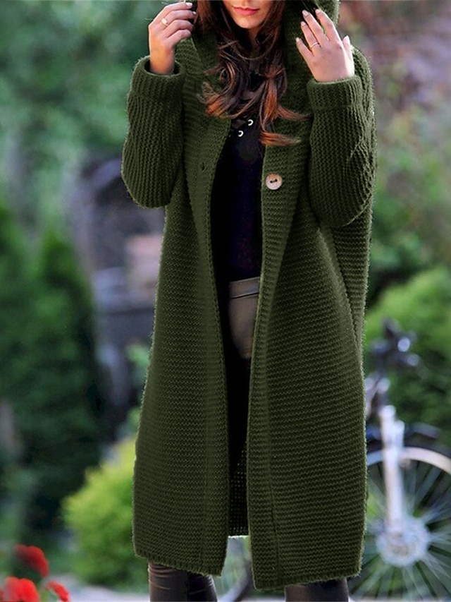  Women's Cardigan Sweater Jumper Crochet Knit Button Knitted Hooded Solid Color Daily Going out Basic Casual Winter Fall Green Blue S M L / Long Sleeve / Loose Fit / Loose Fit
