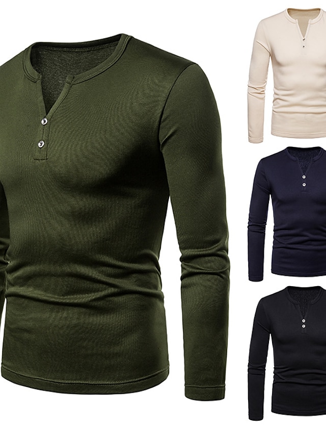  Men's T shirt Tee V Neck Solid Color Black Army Green Navy Blue Beige Long Sleeve Button-Down Outdoor Casual Tops Basic Simple Casual / Micro-elastic / Spring / Fall