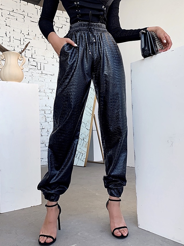  Women's Fashion Side Pockets Elastic Drawstring Design Jogger Chinos Full Length Pants Micro-elastic Casual Weekend Plain Mid Waist Comfort Black S M L