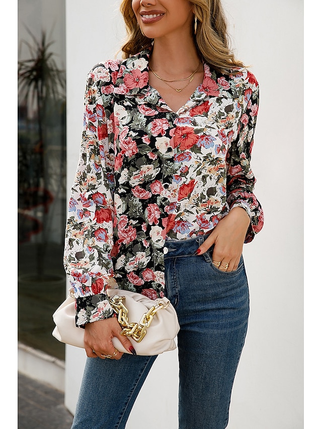  Women's Floral Holiday Weekend Floral Long Sleeve Blouse Shirt Shirt Collar Button Print Casual Fashion Streetwear Tops Black S / 3D Print