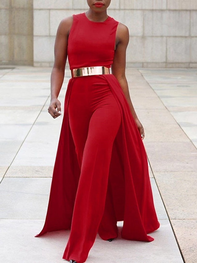  Combinaison-pantalon Femme Couleur unie Elégant Col Ras du Cou Soirée Soirée & Evénement Sans Manches Standard Rouge M Printemps