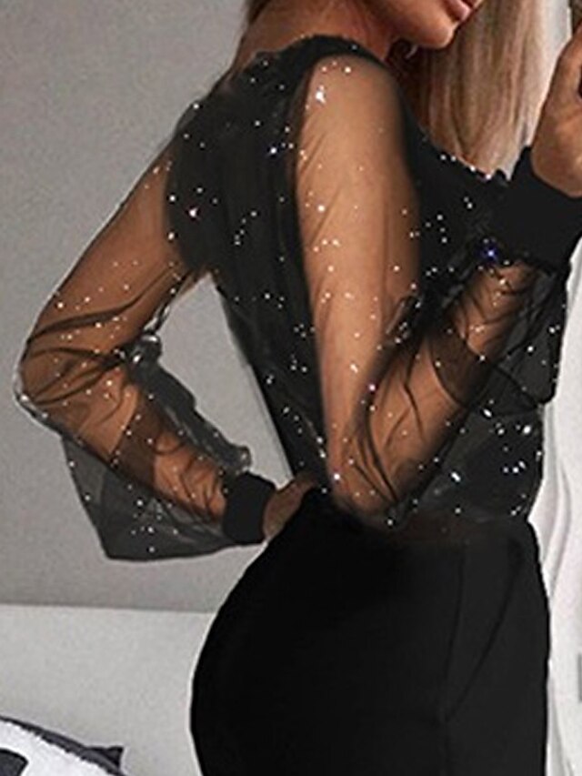  Women‘s Jumpsuit for Special Occasions Mesh Sequin Solid Color V Neck Elegant Party Prom Regular Fit Long Sleeve Black S M L Spring  Fall