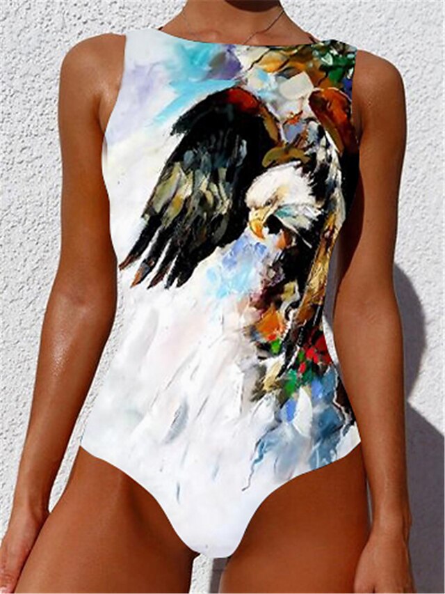  Women's Swimwear One Piece Monokini Bathing Suits Plus Size Swimsuit Eagle Animal Tummy Control Slim Printing for Big Busts White Blue Purple Yellow Scoop Neck Bathing Suits Vacation Fashion New