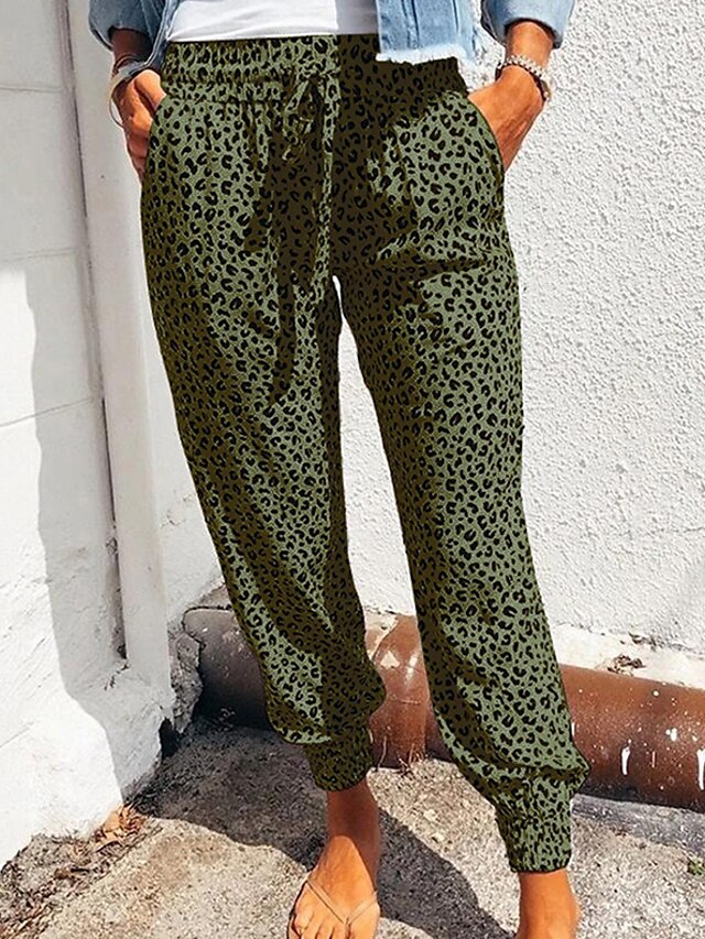  Mulheres Calças de lounge com cordão de leopardo  cintura elástica e bolsos