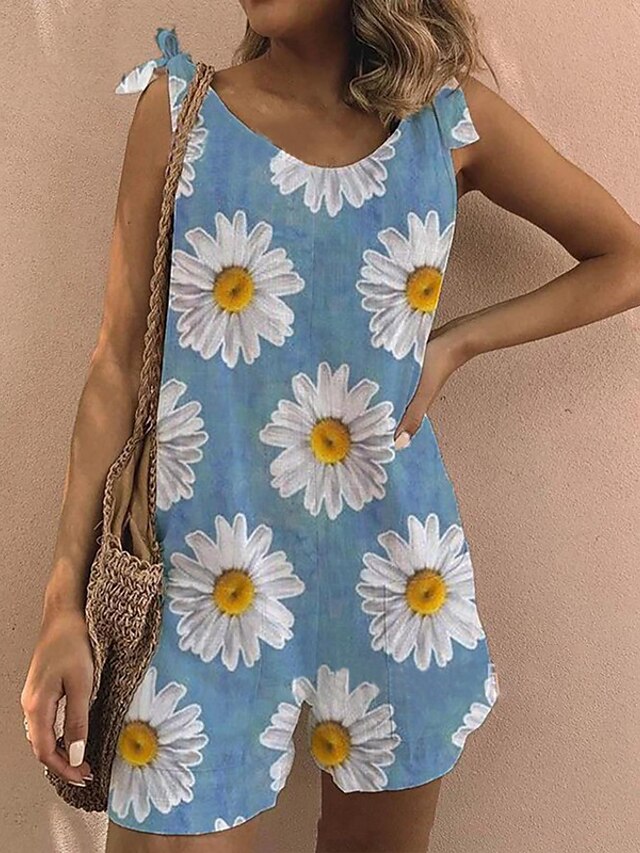  Women's Romper Floral Print Active Crew Neck Street Casual Sleeveless Regular Fit Blue White Gray S M L Spring