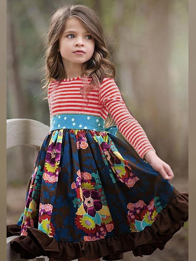  Kids Little Dress Girls' Floral Daily Pleated Patchwork Red Knee-length Cotton Long Sleeve Basic Dresses Fall Spring Regular Fit
