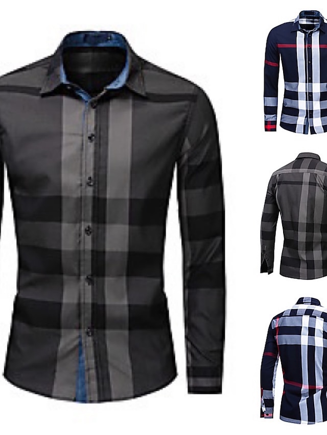  Men's Shirt Lattice Color Block Turndown Casual Daily Long Sleeve Button-Down Tops Business Casual Fashion Royal Blue / Wash separately