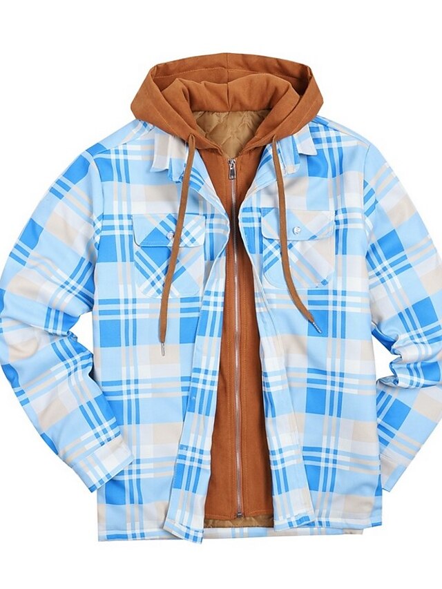  Men's Jacket Fall Winter Street Daily Long Coat Warm Breathable Loose Casual Streetwear Jacket Long Sleeve Print Plaid / Check Green Blue Sky Blue / Cotton