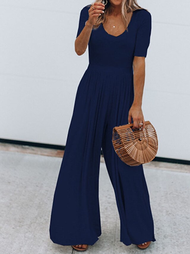 Combinaison-pantalon Femme Couleur unie Décontractée Col Ras du Cou Ample Plein Air Vacances Demi Manches Standard Bleu S Printemps