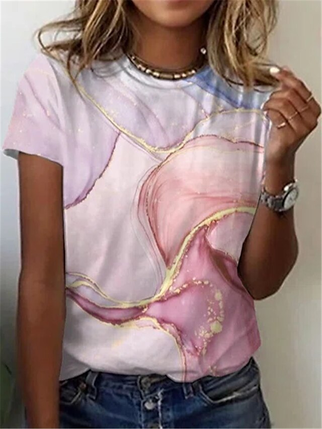  Dame Geometrisk Afslappet Daglig Abstrakt 3D Geometrisk Kortærmet T-shirt Rund hals Basale Toppe Lyserød S / 3D-udskrivning