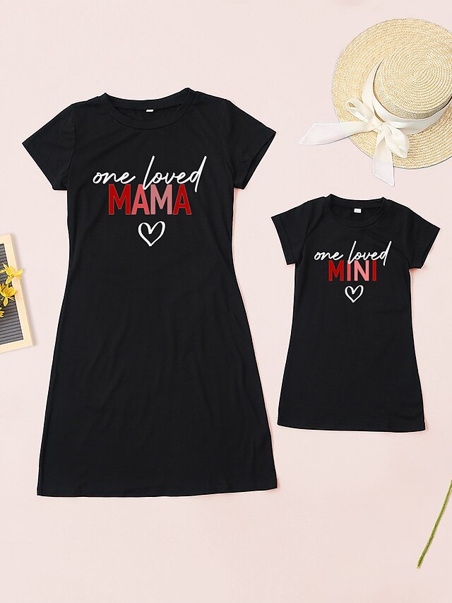  Mommy and Me Valentines Dresses Causal Heart Letter Print Black Knee-length Short Sleeve Daily Matching Outfits / Summer / Cute