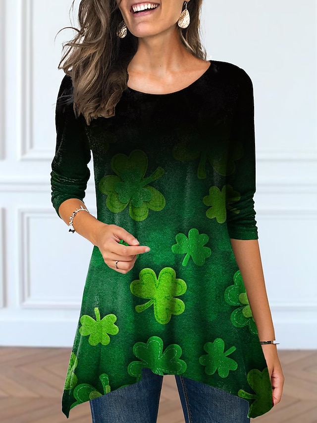  Women's T shirt Tee Leaf St. Patrick's Day Casual Holiday Weekend Green Print Flowing tunic Long Sleeve Tunic Basic Round Neck Regular Fit Fall & Winter