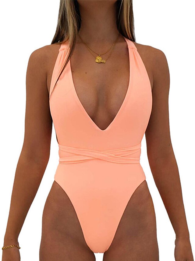  Women's Swimwear One Piece Monokini Bathing Suits Normal Swimsuit Pure Color Backless Tummy Control White Black Pink V Wire Padded Bathing Suits Vacation Sexy Sexy / Modern / New / Padded Bras