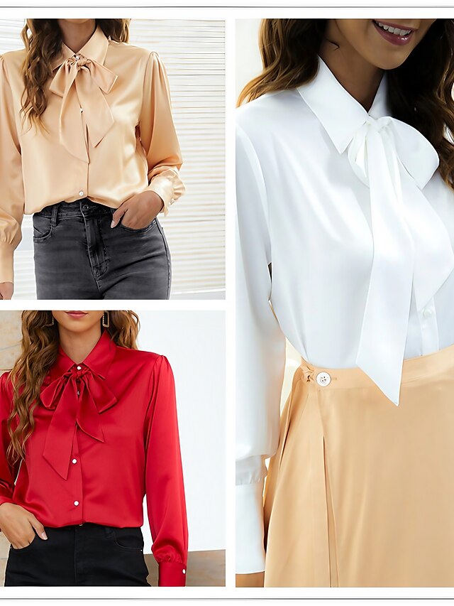  Women's Blouse White Red Light Brown Lace up Plain Sparkly Work Daily Long Sleeve Shirt Collar Streetwear Silk Like Satin Regular S