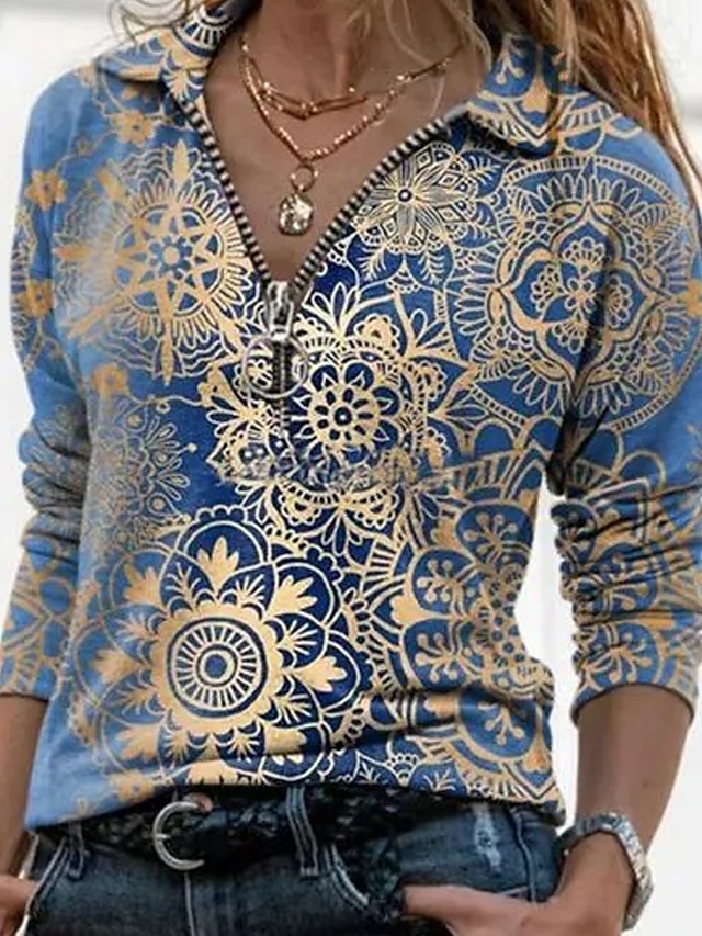  Dame Bluse Skjorte Blomstret sparkly Grafiske trykk V-hals Skjortekrage Quarter Zip Trykt mønster Grunnleggende Topper Blå Lilla Grønn