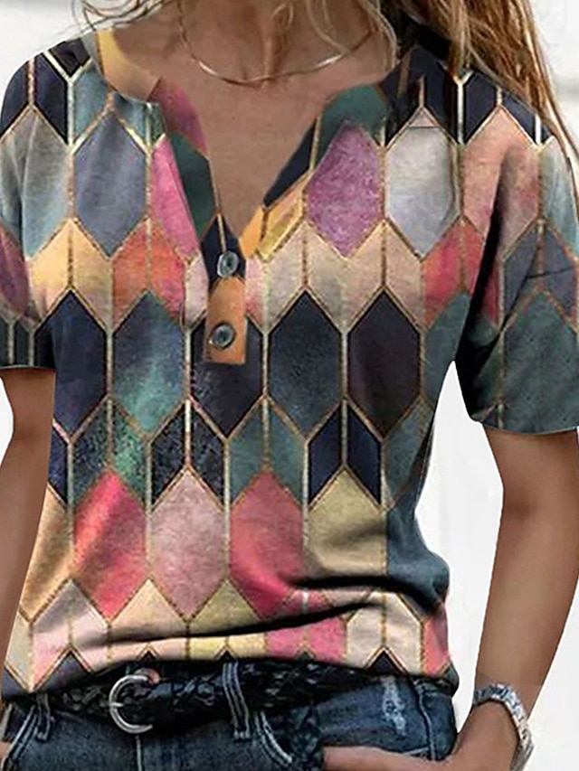  Dame T-shirt Grafisk Farveblok Gul Rød Blå Trykt mønster Kortærmet Afslappet Daglig Årgang Basale V-hals Regulær