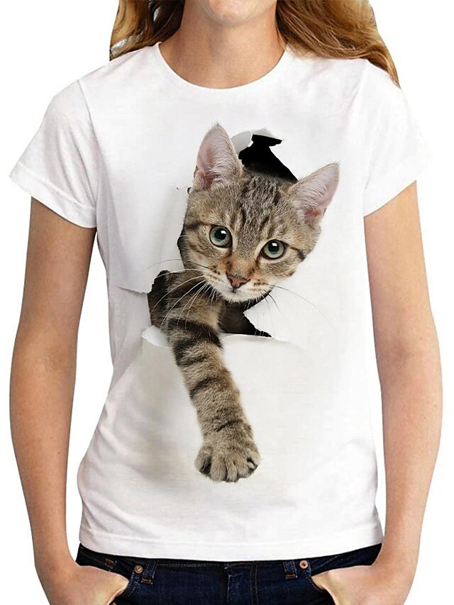  Dame T skjorte Katt 3D Avslappet Helg Svart Hvit Trykt mønster Kortermet Grunnleggende Rund hals Normal