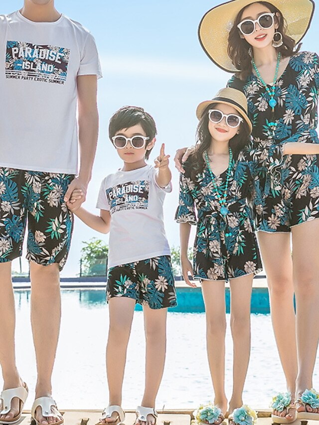  Family Look T shirt Tops Family Sets Daily Graphic Leaf Letter Ruched Blue Knee-length Short Sleeve Active Matching Outfits / Fall / Summer / Casual / Print