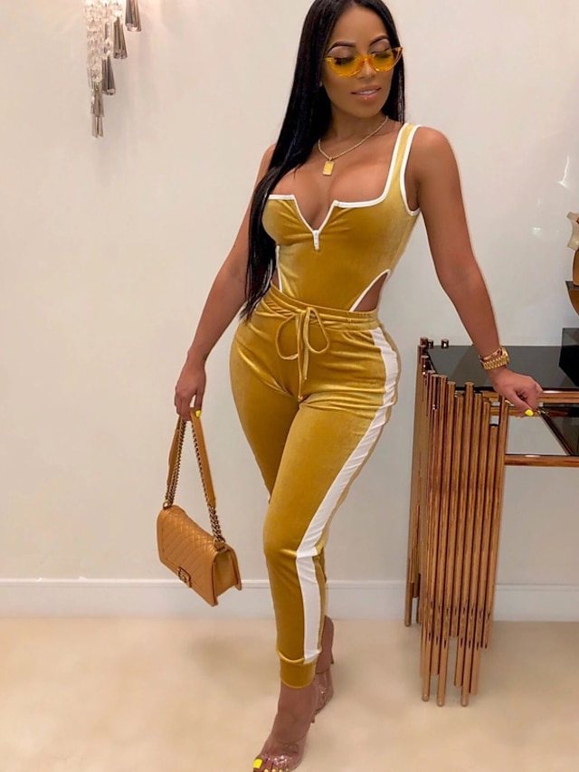  Women's Sexy Striped Casual Vacation Two Piece Set V Neck Pant Leggings Tank Top Pants Sets Drawstring Cut Out Zipper Tops / Slim